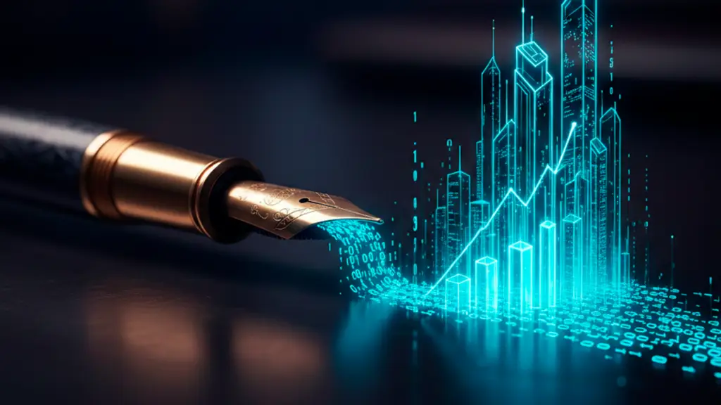 Ilustración conceptual de una pluma digital escribiendo código azul, representando el lema de Agencia Storytelling: El arte de escribir historias.