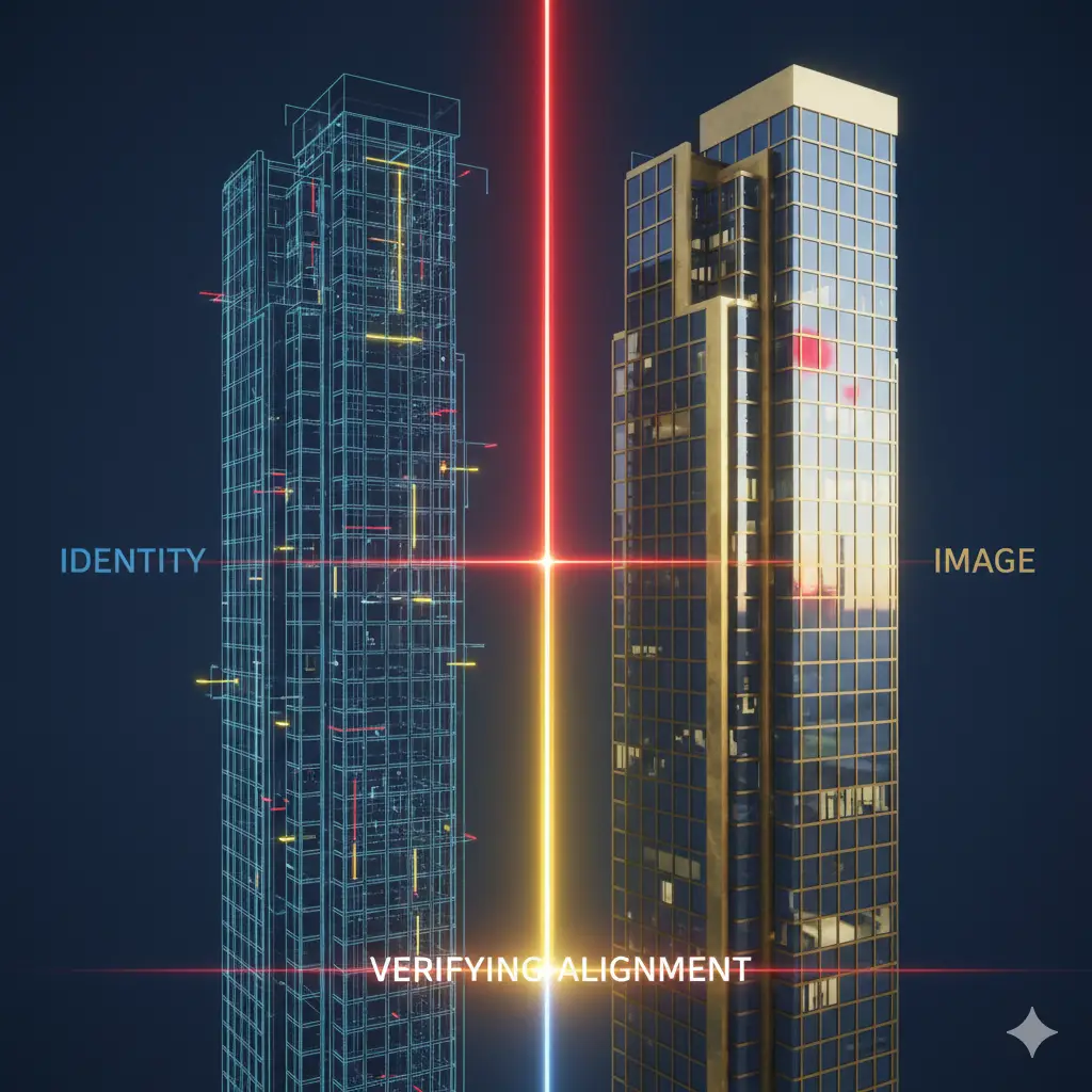 Comparación técnica 3D entre identidad corporativa proyectada (wireframe) e imagen de mercado percibida (render).
