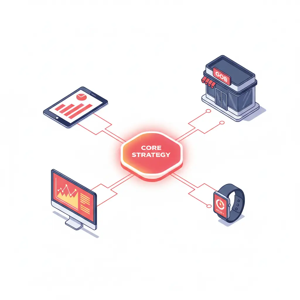 Diagrama isométrico de flujo de branding omnicanal con coherencia en dispositivos móviles y escritorio.